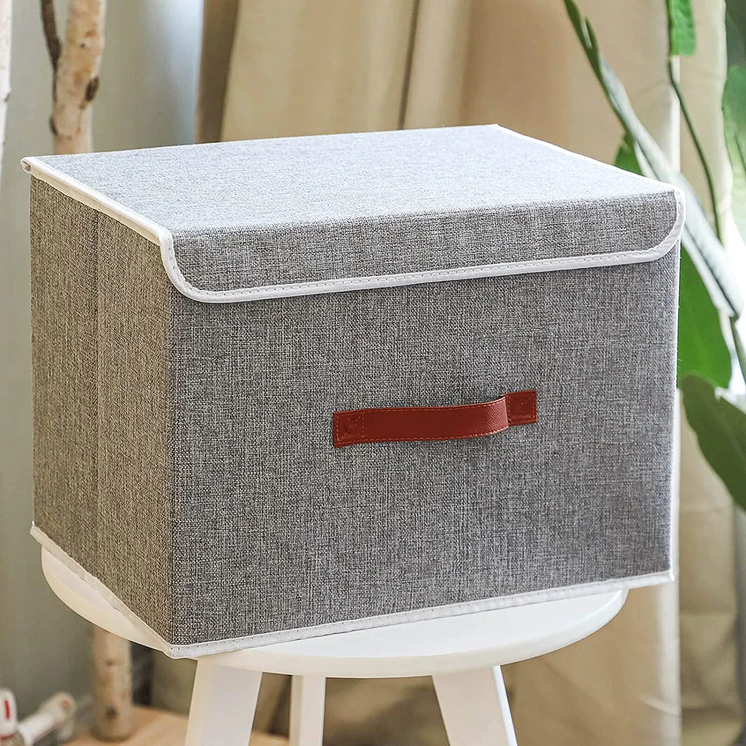 New Linen Fabric Foldable Storage Box Cube Closet Organizer for Toys Shelves Clothes with Lid Faux Leather Handles 6