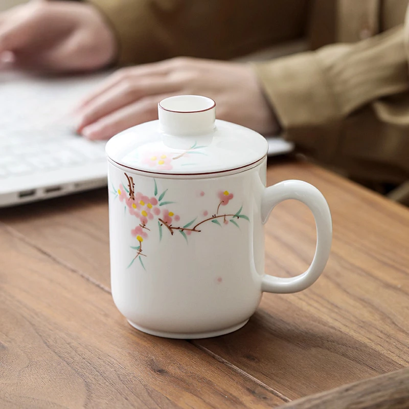 Chinese Style Ceramic Peach blossom pattern Mugs, Personal Office Creative Teacup With Cover, Filtered Tea Water Separation, 1Pc