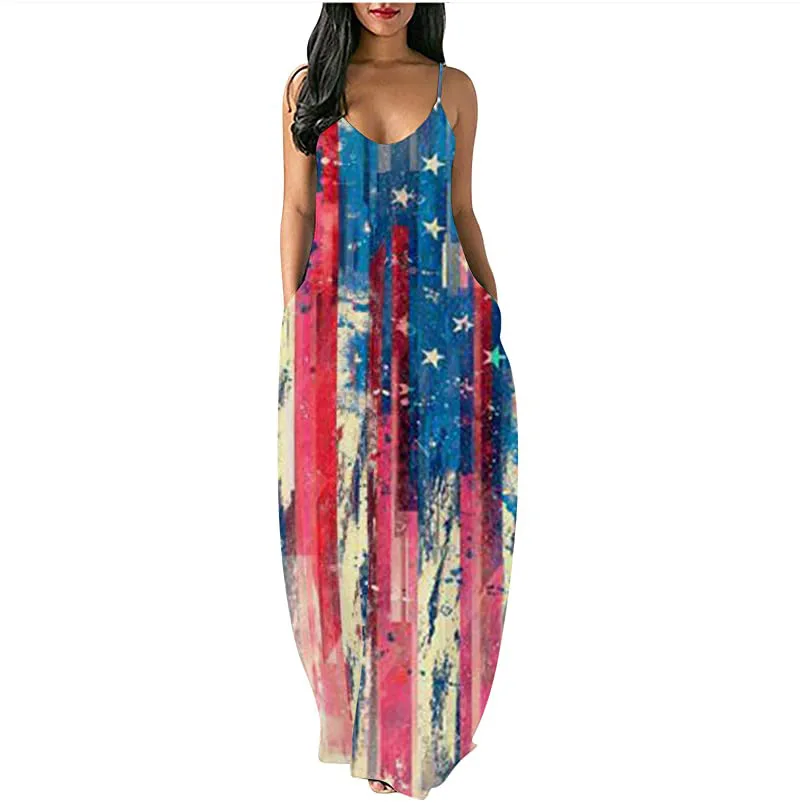 

Summer Fashion Sling Long Dresses Women Loose Casual American Flag Star Print Independence Day Sleeveless vintage Elegant Dress