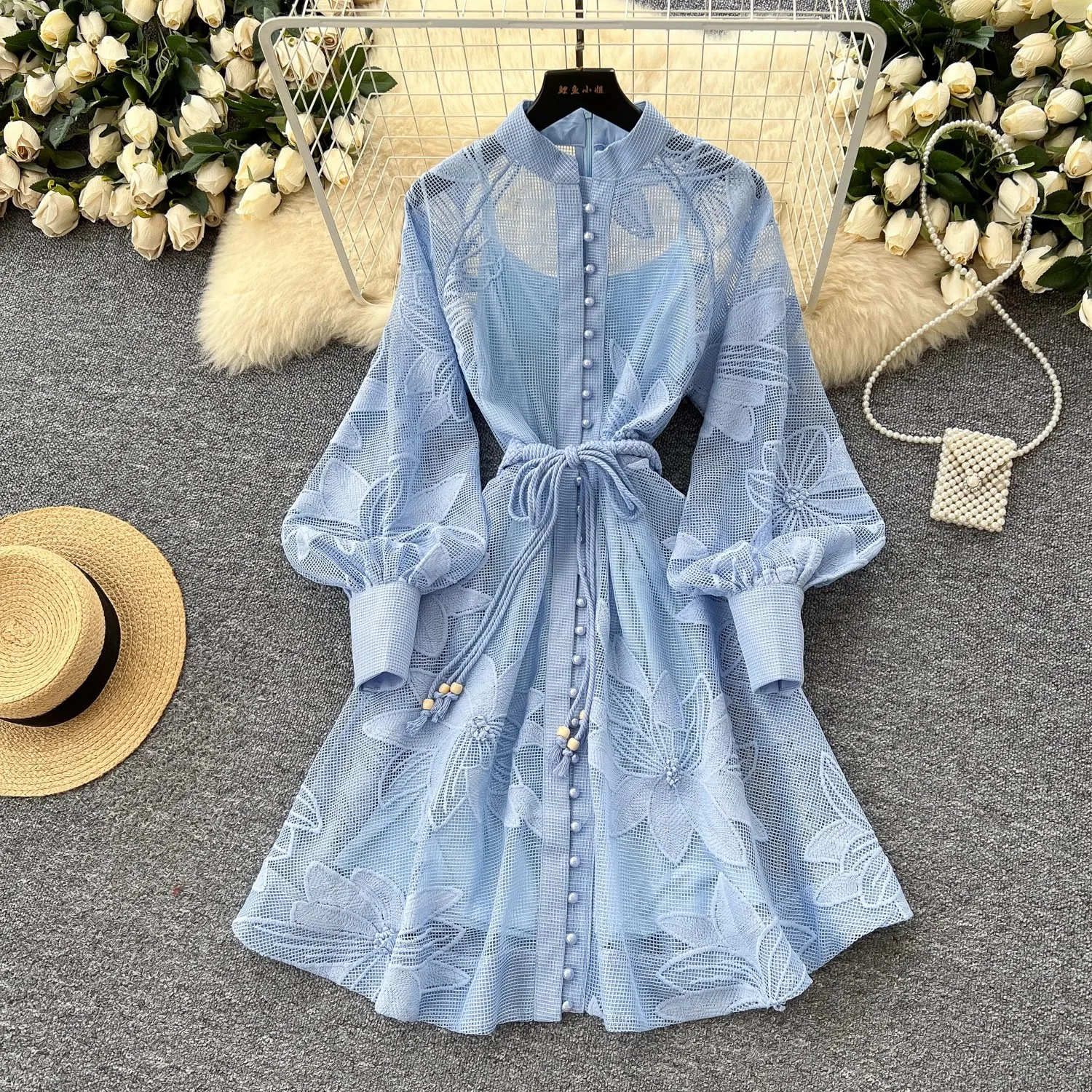 Spring Summer French Lace Embroidery Women's Dress Stand Collar Long Lantern Sl…