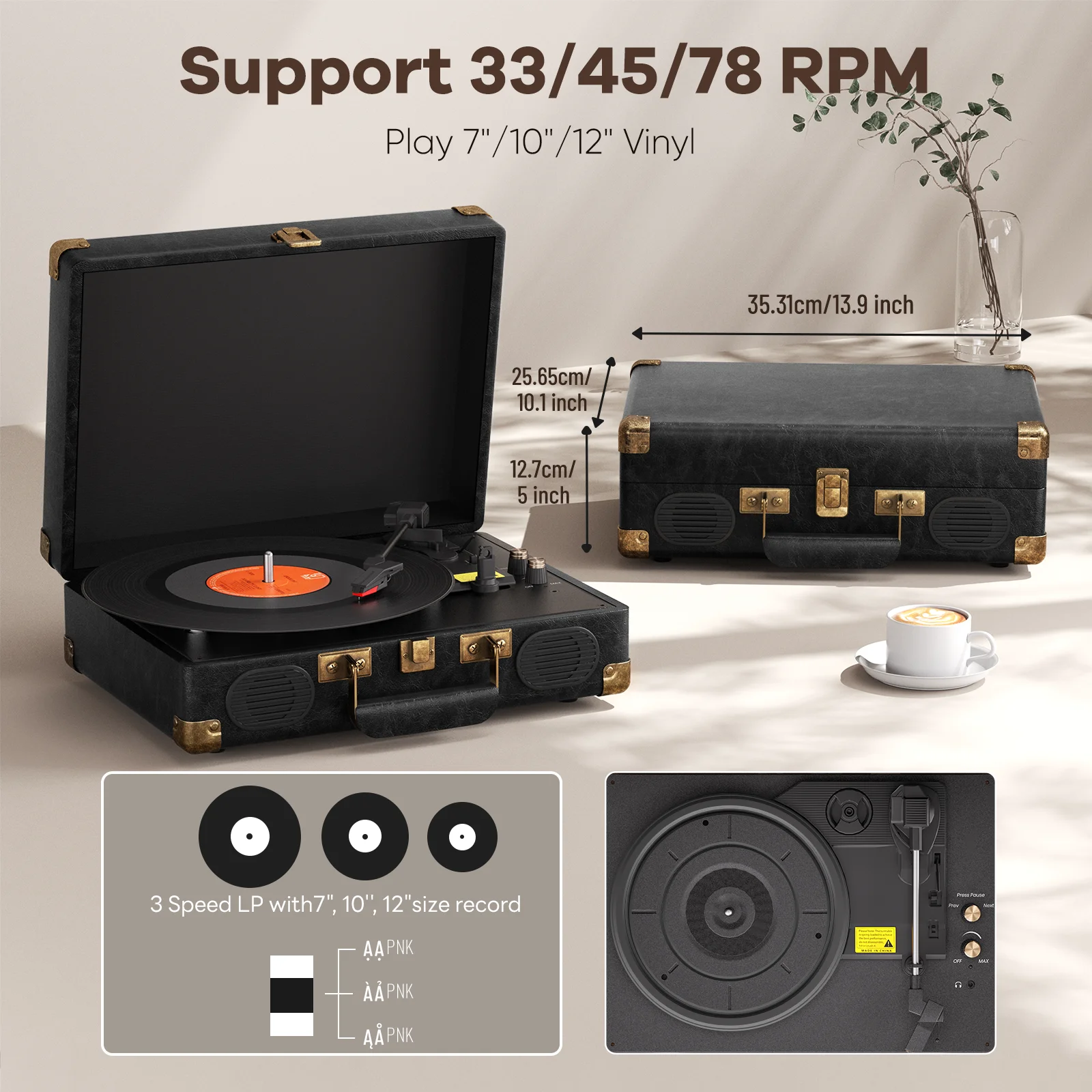 Giradischi Vintage In Legno Noce, 3 Velocità 33/45/78, Altoparlanti Stereo Integrati, Bluetooth 5.3, USB E RCA, Copripolvere