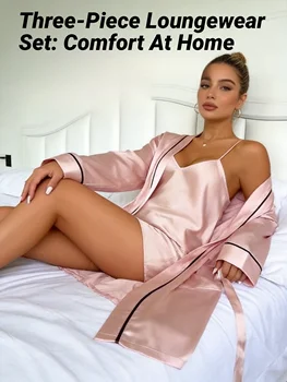 Simple Satin Pajama Set Long Sleeve Belted Robe V Neck Cami Top And Shorts Women's Sleepwear