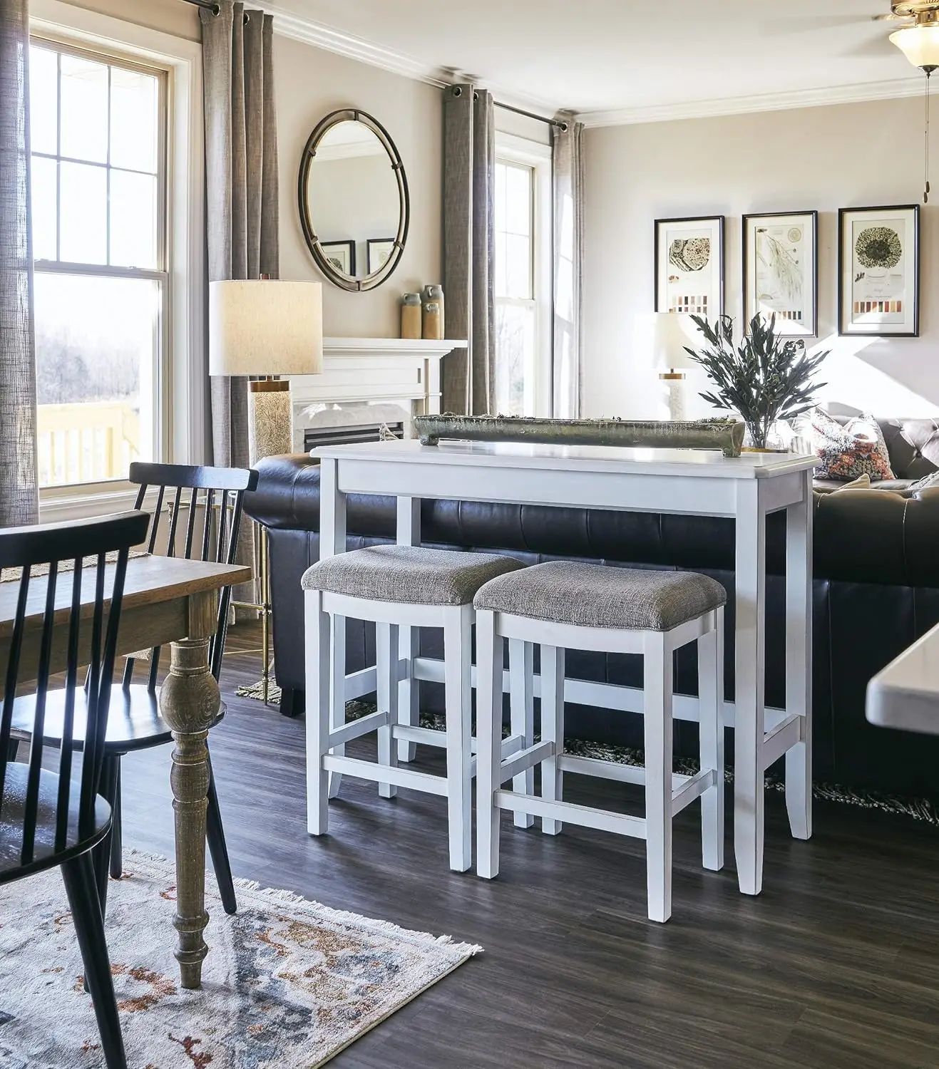 

36" H Pub-Height Sofa Table with Two Nested Stools, White/Gray