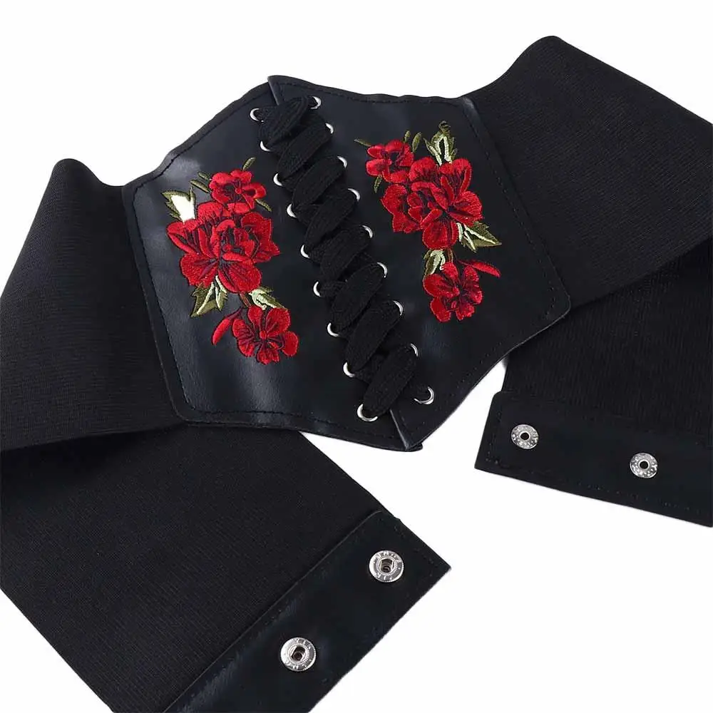 Goth Punk Slimming Embroidery PU Leather Rose Pattern Women Belt Female Dress Cummerbunds Waistband Waist Corset