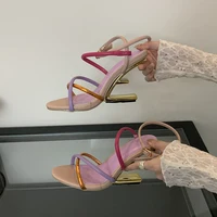 Aneikeh Summer Fashion Fretwork Heels Cross Striped Color Blocked High-heeled Sandals Women Ankle Buckle Strap Gladiator Shoes