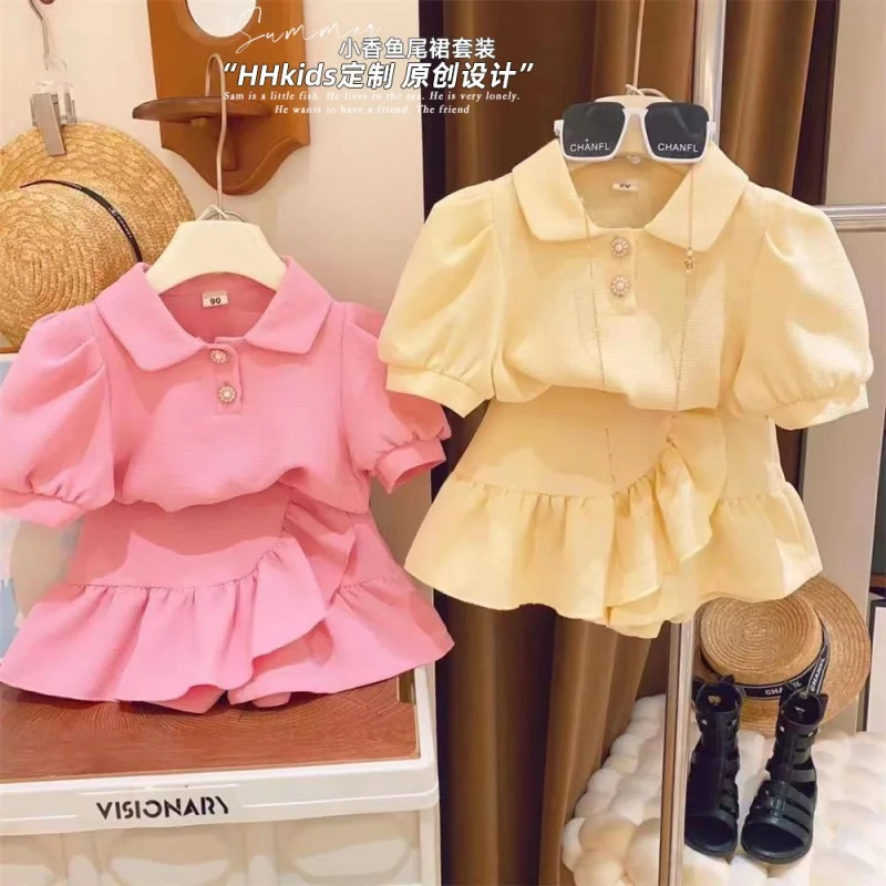 

New Girls' SuitPoloCollar Bubble Waffle Bottoming Shirt Fishtail Culottes Two-Piece Set2024Summer Clothing-WSNY