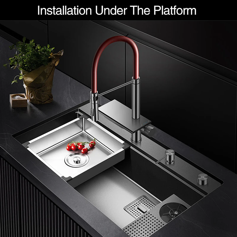 ASRAS New Waterfall Faucet Kitchen Sinks Nanometer Large Size 4mm Panel Handmade Sinks Cup Rinser Kitchen