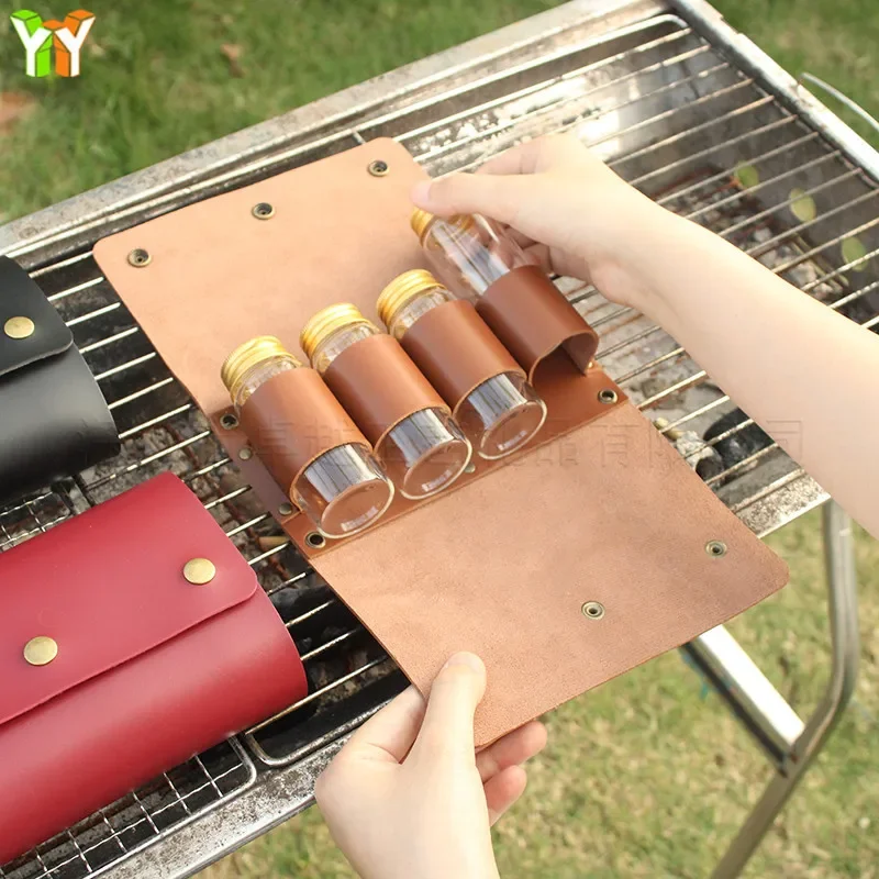 Portable Camping Seasoning Spices Bottle Tableware Leather Storage Bag with 4 Cans Holder Portable Kit For BBQ Picnic Kitchen