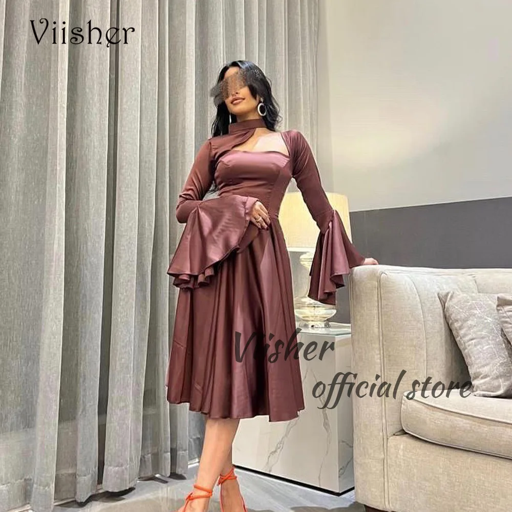 

Viisher Brown Short Prom Party Dresses Long Sleeve Draped Satin A Line Evening Prom Dress Tea Length Dubai Arabic Formal Gowns