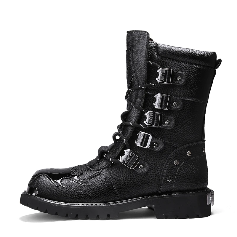 Black Leather Men's Platform Ankle Boots Square Toe Lace Up Shoes_voghion.com