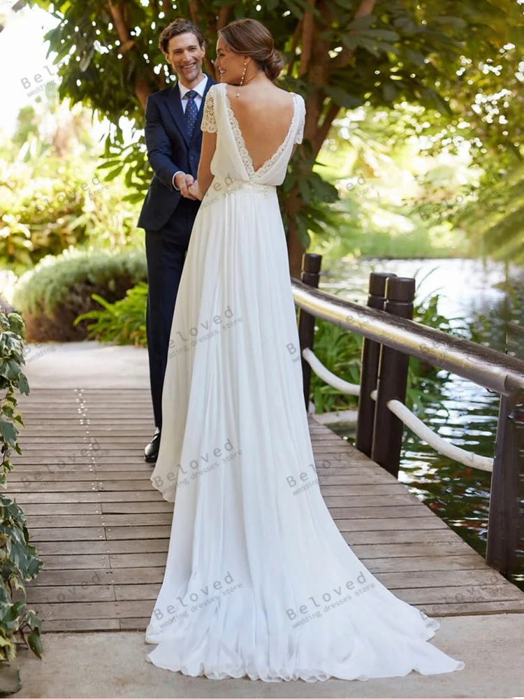 Glamorous Wedding Dresses A-Line Graceful Bridal Gowns Chiffon Floor Length Robes Short Sleeves Vestidos De Novia Customized 4