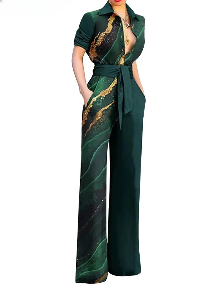 Turn-down Collar Elegant Summer Woman Jumpsuit With Pockets Party Print One Pieces Long Overalls Outfits Short Sleeve Bandage