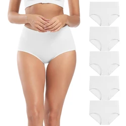 POKARLA 5pcs Women's Breathable Cotton Panties High Cut Belly Control Briefs Ladies C Section Recovery Underwear White Plus Size