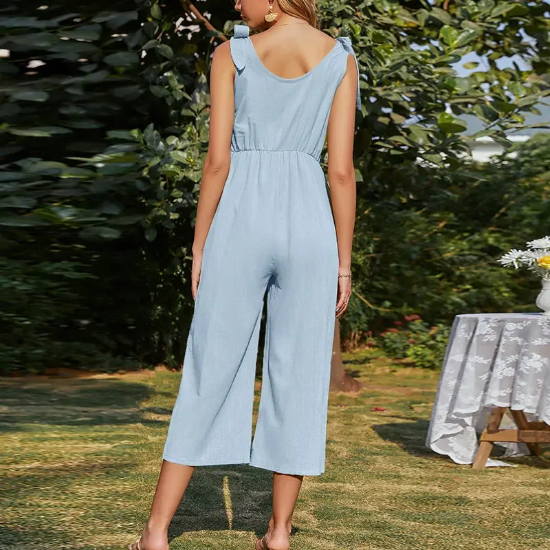 Summer Holiday Beach Casual Solid Jumpsuit Women Sleeveless Cotton Linen Wide Leg Rompers Elegant Shoulder Bow Jumpsuits Female