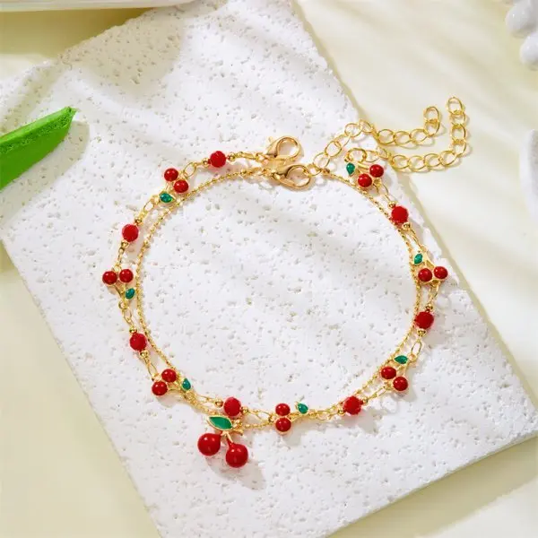 Chic Red Strawberry & Cherry Heart Pearl Charm Bracelet - Y2K Inspired Gold Chain Jewelry