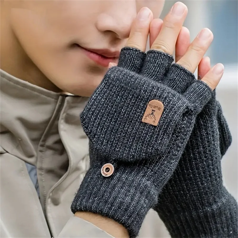 Half Finger Gloves Fingerless Gloves Warm Gloves Men Women Winter Gloves Half Finger Open Flip Design Flap Warm Gloves Knitted Thickened Windproof Hand Cover Gifts for Outdoor