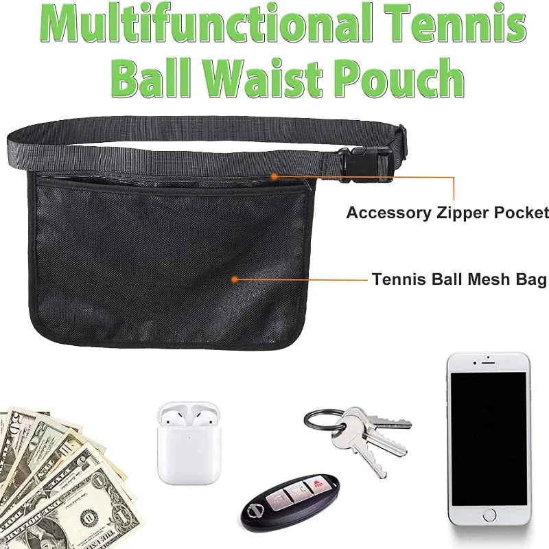 Tennis Ball Holder Mesh Adjustable Belt Waist Hip Ball Bag Zipper Pocket for Pickleball Women/Men/Teens