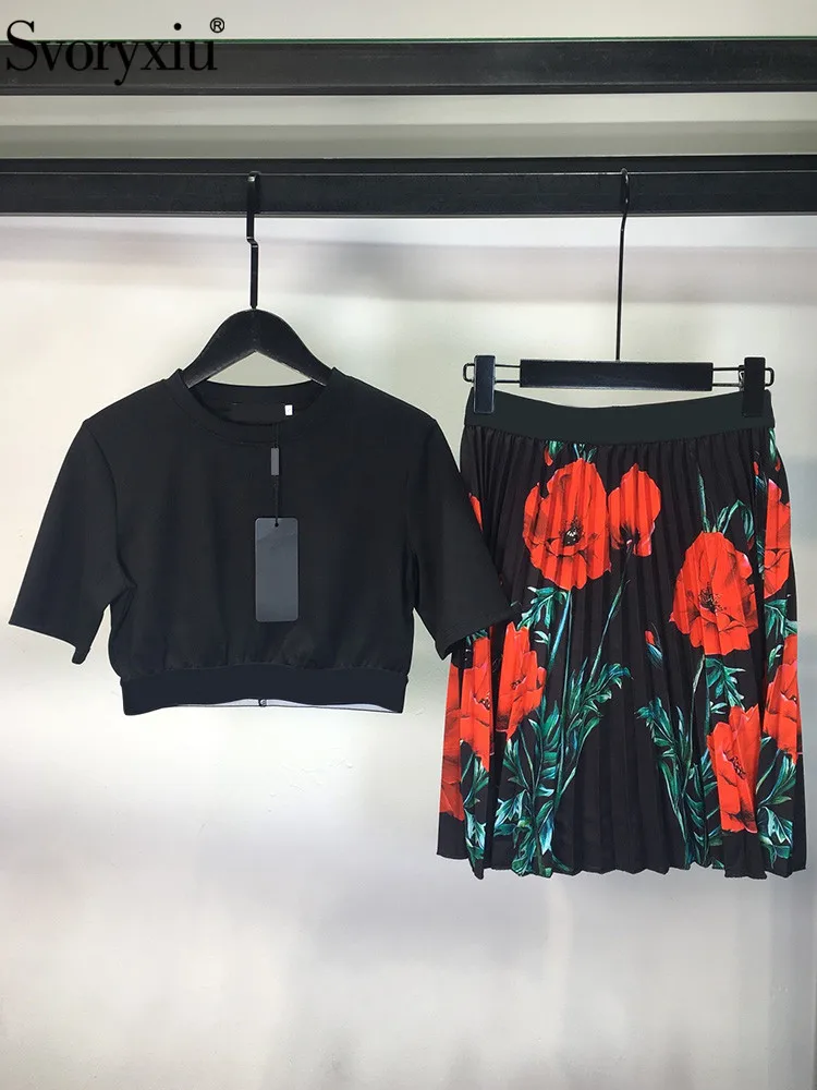 

Svoryxiu Summer Fashion Vintage Skirt Suit Women's Red Color Short Sleeve T-shirt Tops+Elastic Waist Print Pleated Half Skirt