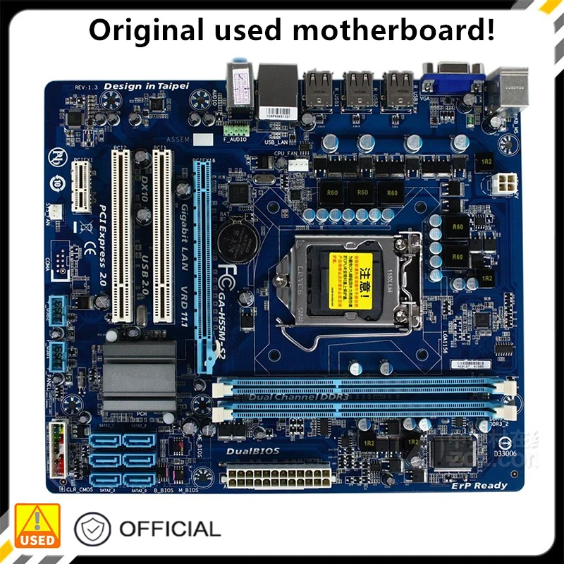 

For GA-H55M-S2 H55M-S2 Motherboard LGA 1156 DDR3 8GB For Intel H55 P7H55 Desktop Mainboard SATA II PCI-E X16 Used AMI BIOS
