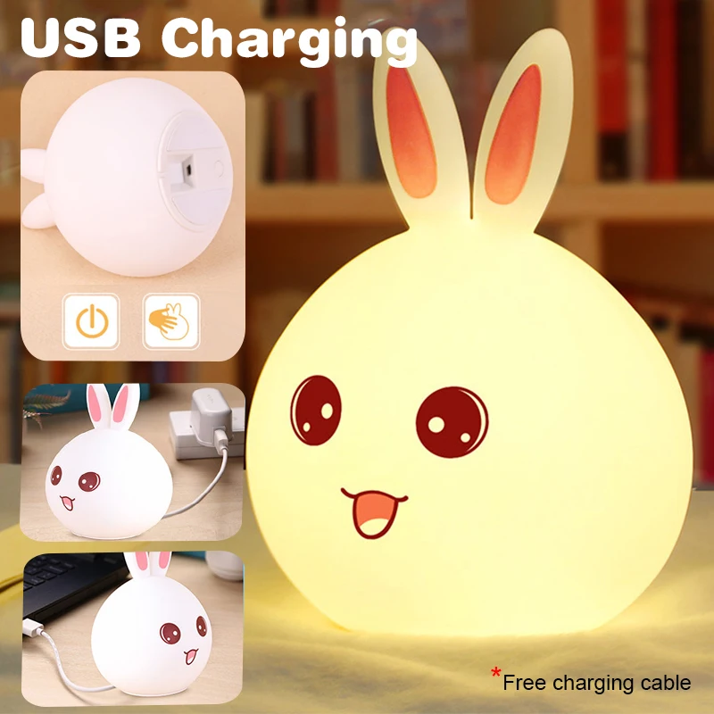 Clap Lamp Led Cute Rabbit Night Light Abs Silicone Usb Rechargeable Bedside Night Lamp Sensor For Kid Girl's Bedroom Decoration 2