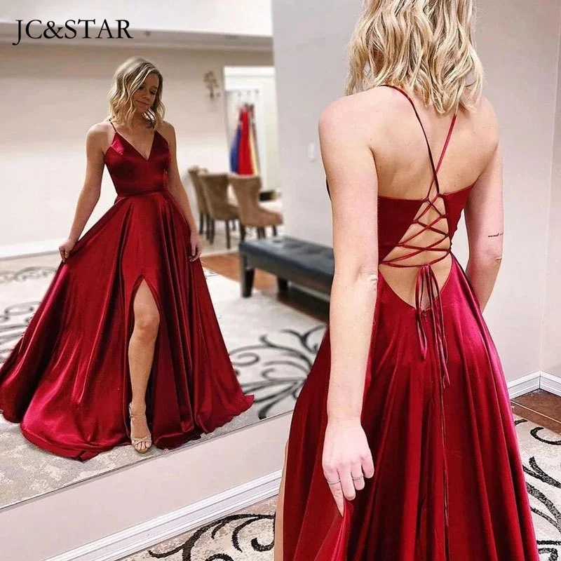 Dusty Pink Champagne Satin Maid of Honor Dress Sexy V-neck Spaghetti Strap Backless Vestido De Gala High Slit Simple Prom Robe