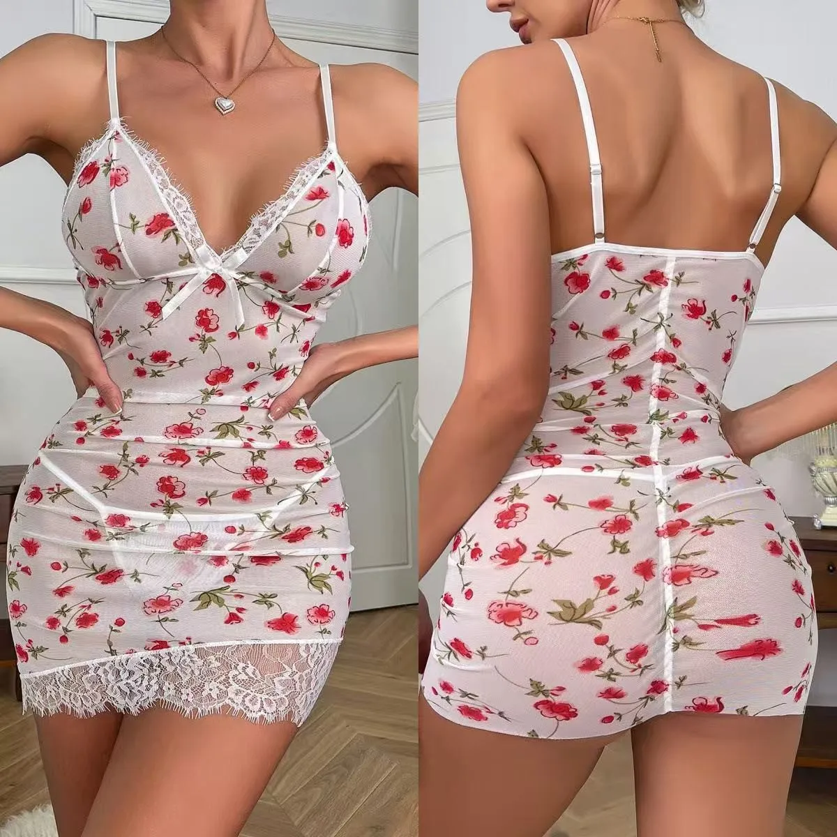 Sexy Sleepwear For Sleeping Night Dress Women Lingеrie Sets Deep V Slip Nightgowns And Panties Lace Ruffle Trim Underwear Pajama