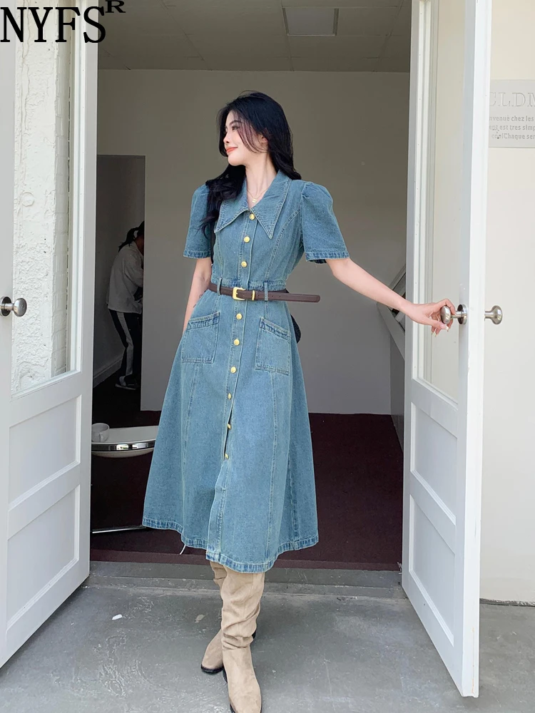 

NYFS 2023 Summer New Korea Woman Dress Vestidos Robe Elbise Loose Plus Size Solid Single Breasted Short Sleeve Denim Long Dress
