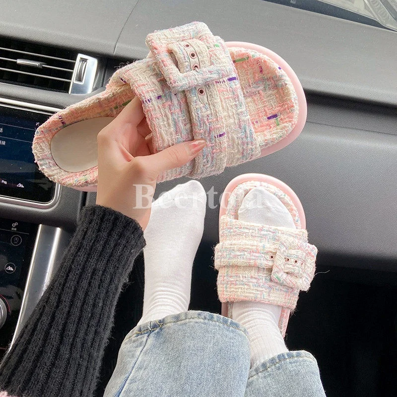 

Thick Sole Platform Woman Slippers Retro Open Toe Belt Buckle Flatform High Heel Slippers Outside Casual Dress Flat Sole Shoes