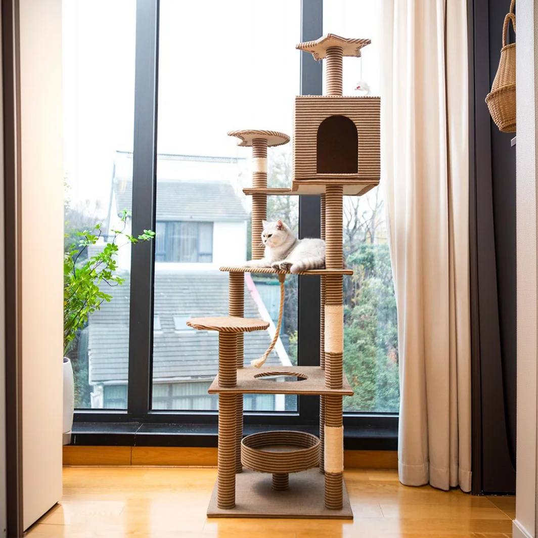 Cat Tree Tower Three Layers With Sisal Scratching Post Pet Furniture 167cm 66 Inch Condo And Wood Platform MDF Plywood OEM/ODM