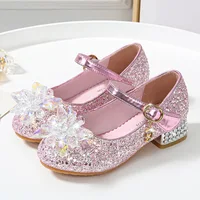 Kids Causal Shoes Wedding Party Children’s High Heels Princess Shiny Crystal Flower Girls Leather Shoes Pink Blue Sliver 23-38