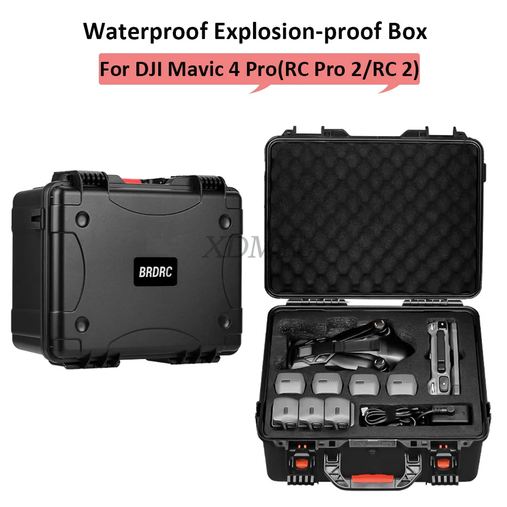 Malette de transport antidéflagrante imperméable pour drone et accessoires, vue extérieure avec poignée et serrures robustes.