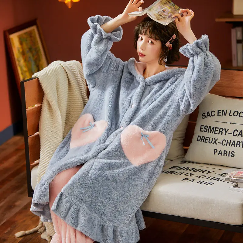 Sweet Animal Flannel Pajamas Sets Winter Thick Nightgown Suit With Pants Pyjamas Set Soft Fleece Plush Warm Sleepwear Robe Sets