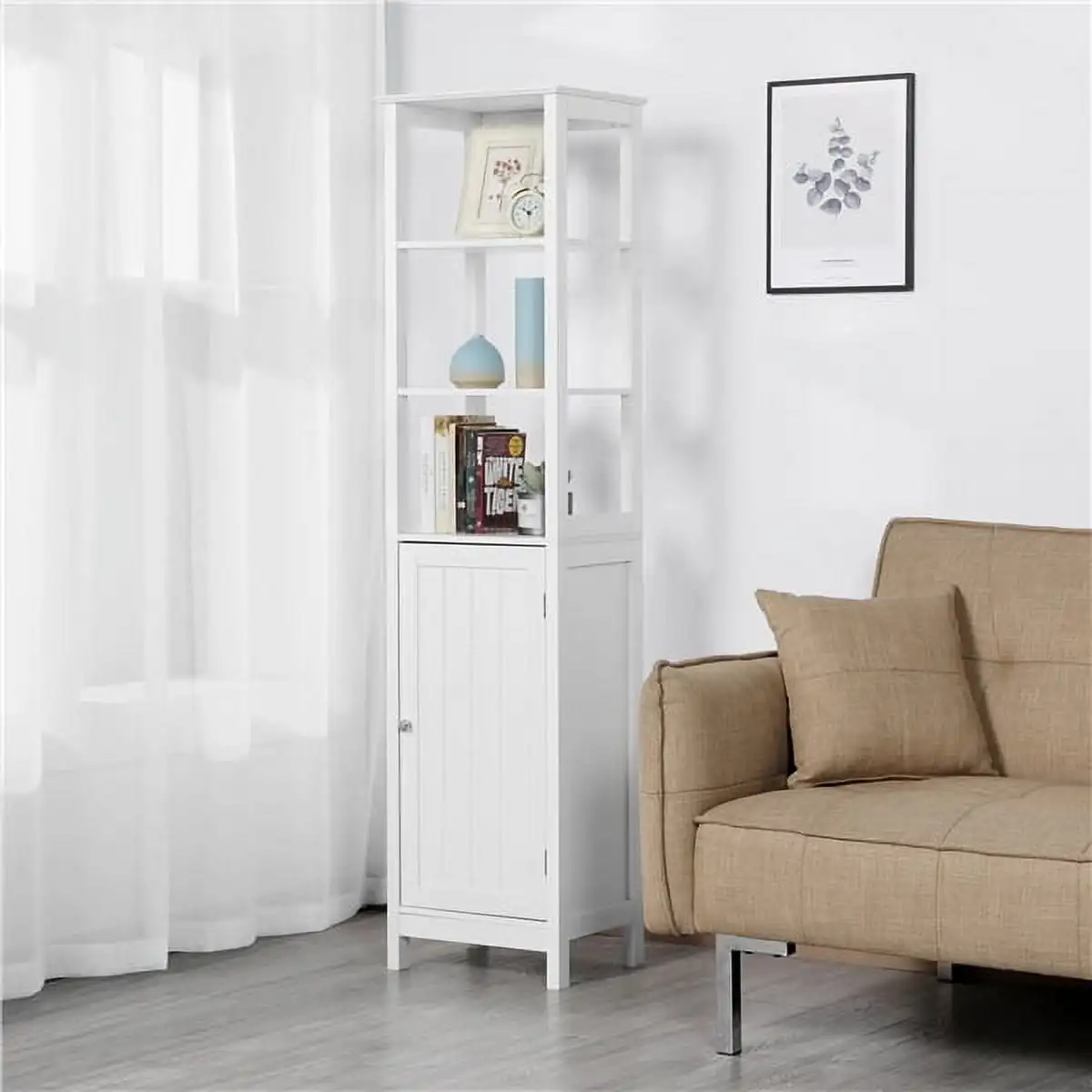 

Versatile Wood Tower Cabinet with 3 Open Shelves and 1 Adjustable Shelf, White