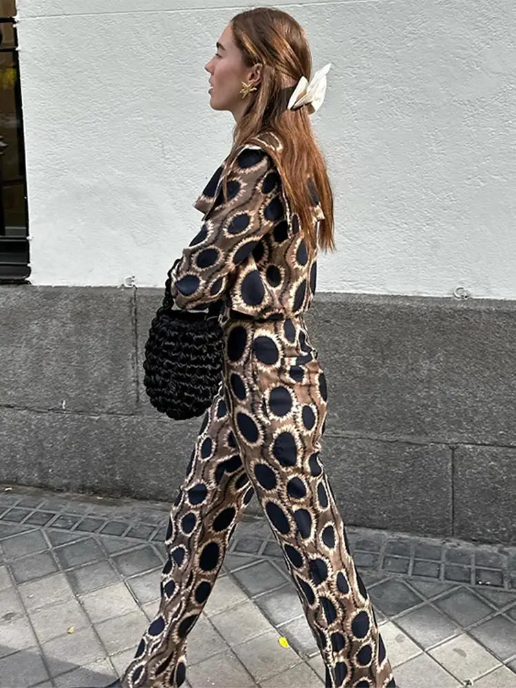 Chic Print Women\'s Loose Straight Pants Suit Elegant Navy Collar Single Breasted Crop Shirt Set Spring Lady Fashion Outfits 2024