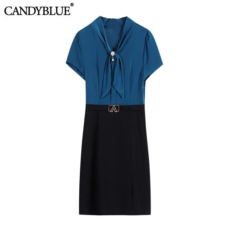 

Blue Solid Patchwork Fake Two-piece Bow Neck Women's Dress Office-Lady Business Attire Elegant Mini-Short Dresses For Women 2022