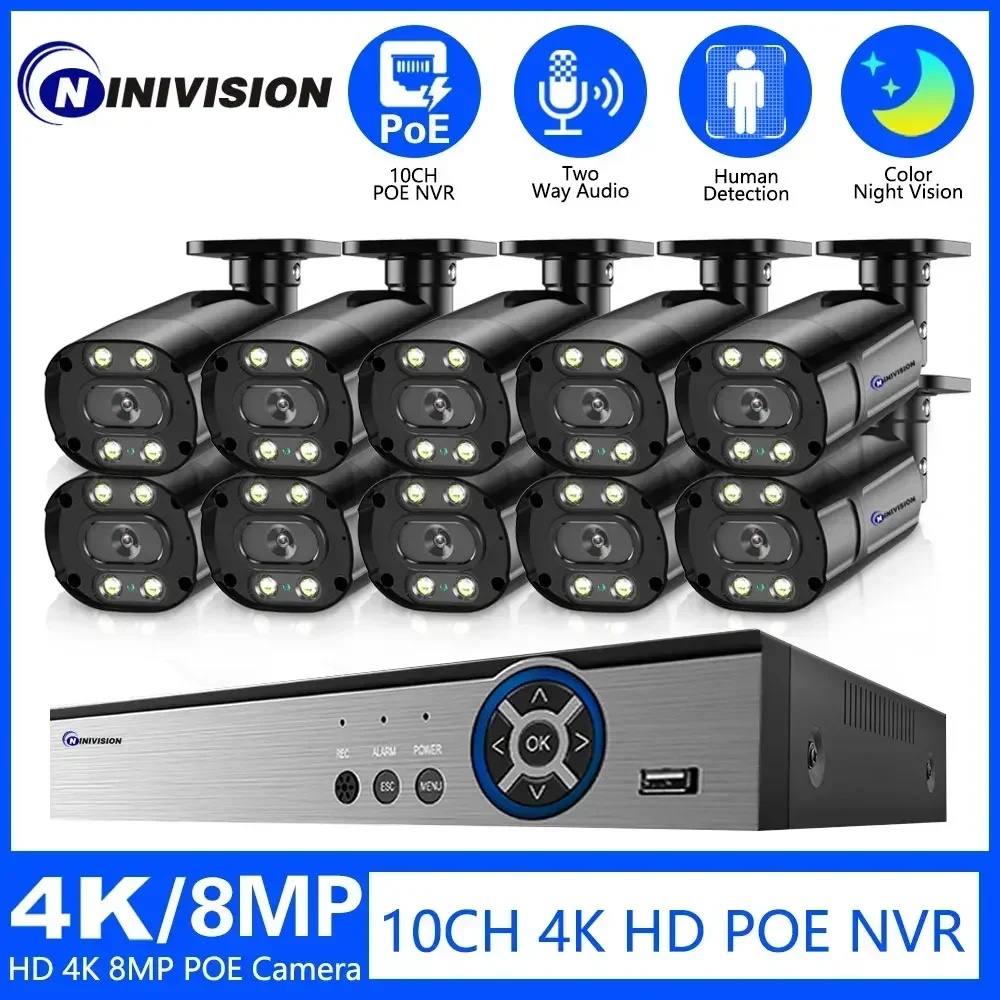 

10CH 4K POE черная IP-камера системы безопасности 8CH 8MP POE NVR Kit наружная цветная камера ночного видения CCTV цилиндрическая камера видеонаблюдения