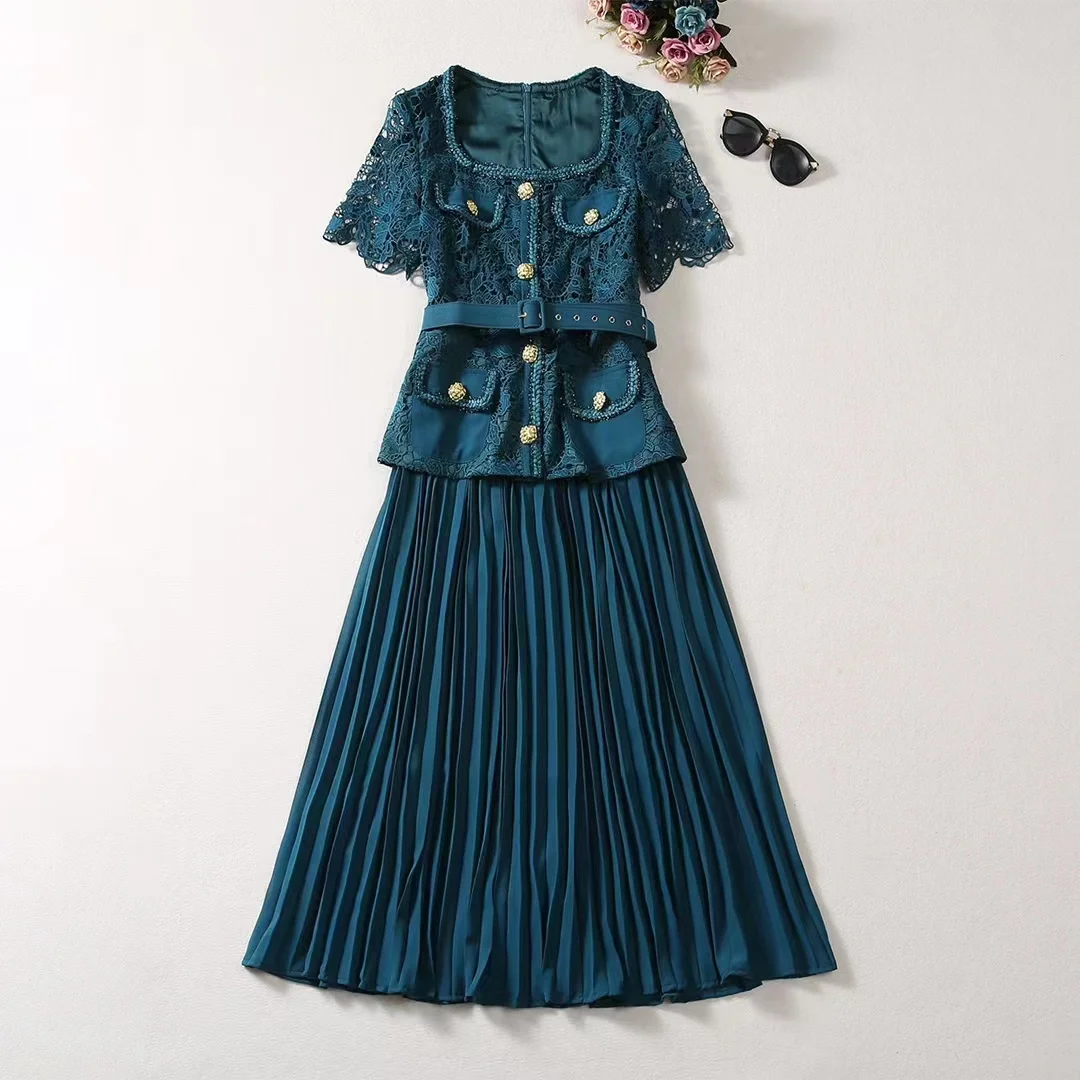 

European and American women's clothes 2024 spring new Short sleeve square collar lace belt Fashion pleated dress XXL