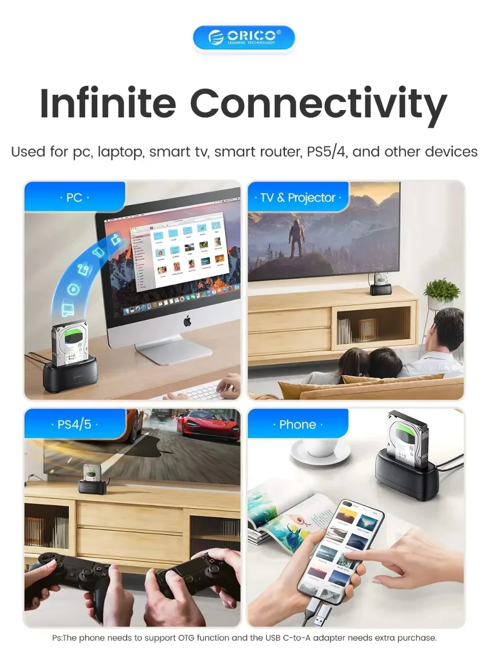 ORICO HDD 도킹 스테이션 5Gbps 어댑터 도구가 필요 없는 설치 2.5/3.5 SSD 디스크 케이스용 하드 드라이브 인클로저 케이스 HDD 박스 도크