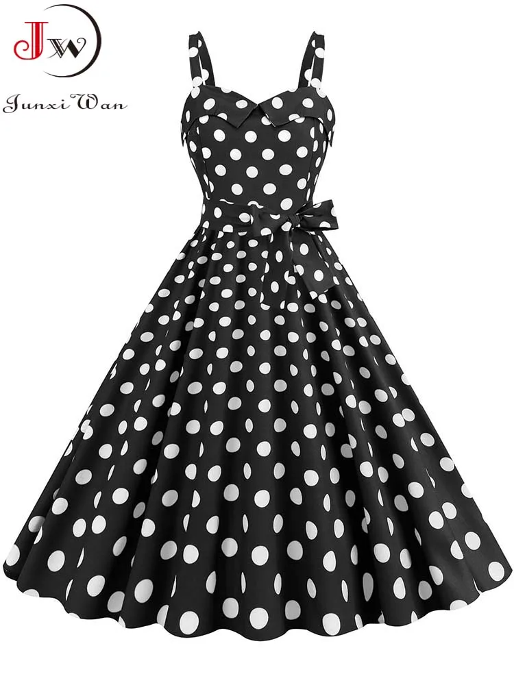 

Black Vintage Dress Women Summer Spaghetti Strap Casual Elegant Dot Print A Line 50s Evening Party Midi Dress