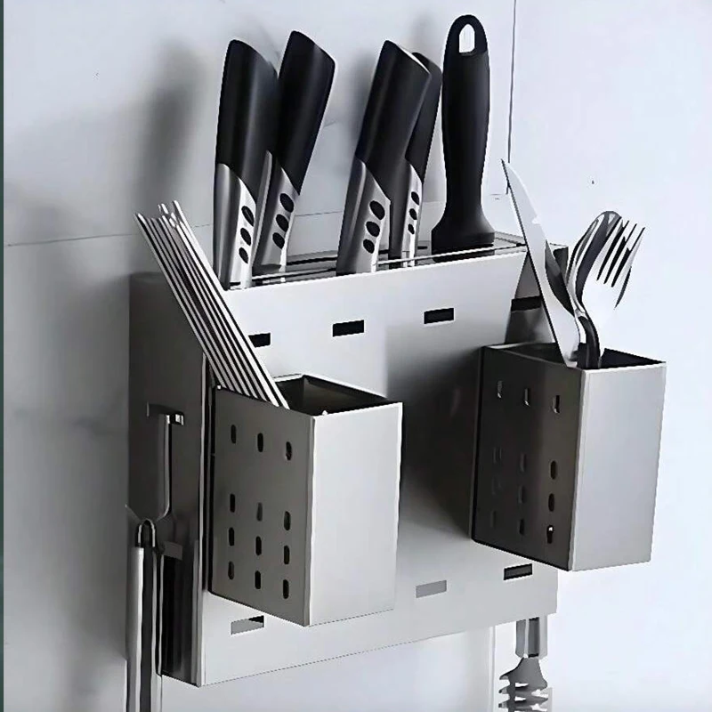 Stainless Steel Mounted Stand Knife Holder,Cutlery Storage Rack,Spoon Forks Organizer,Container with Drying Drainer