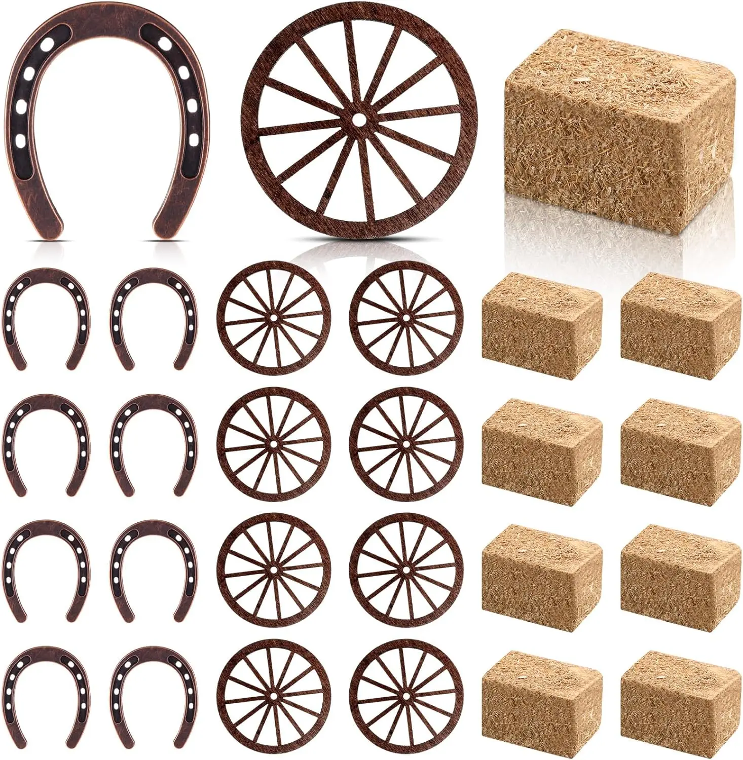 Western Party Supplies Hufeisen Dekor Wagenrad Handwerk Mini Heuballen Vintage Tischdekoration für glückliche Hufeisenhochzeit