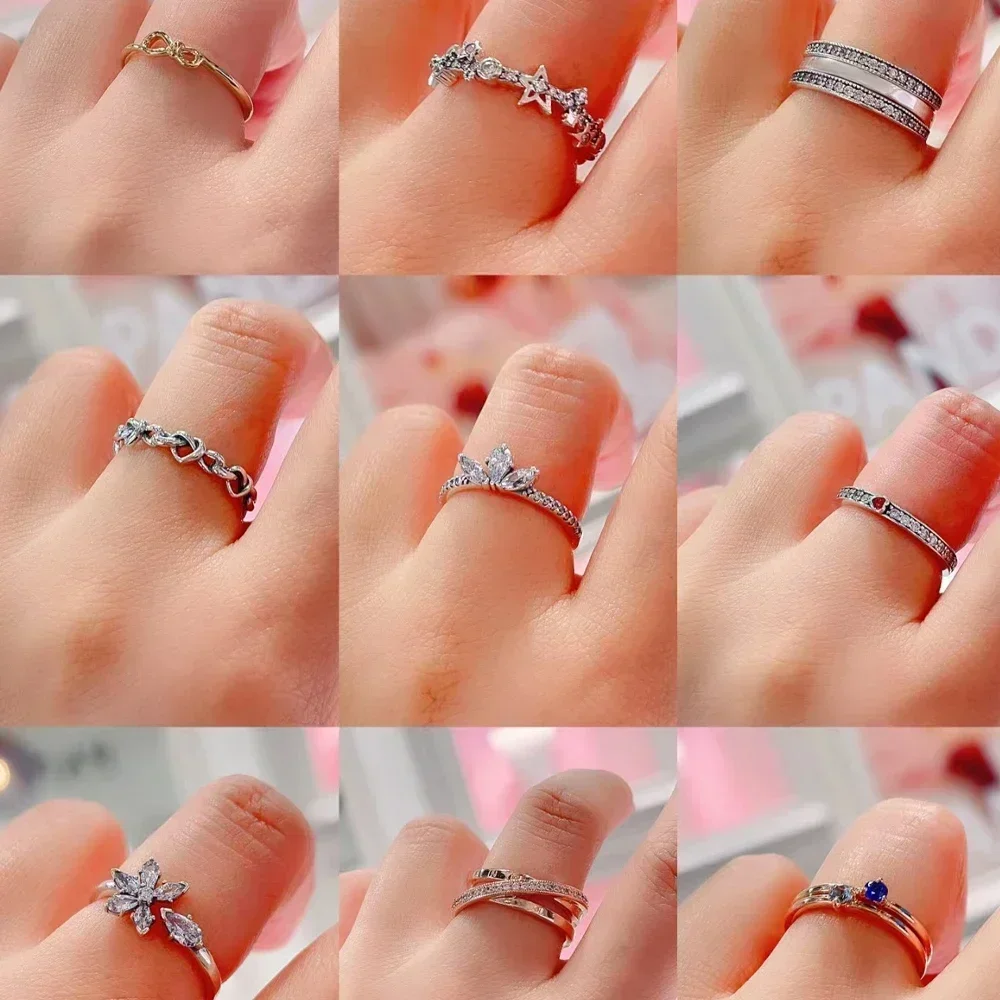 silver ring 925 Sterling Silver red pink heart bow sun moon colorful crystal ring for women valentine's birthday gift DIY jewelry