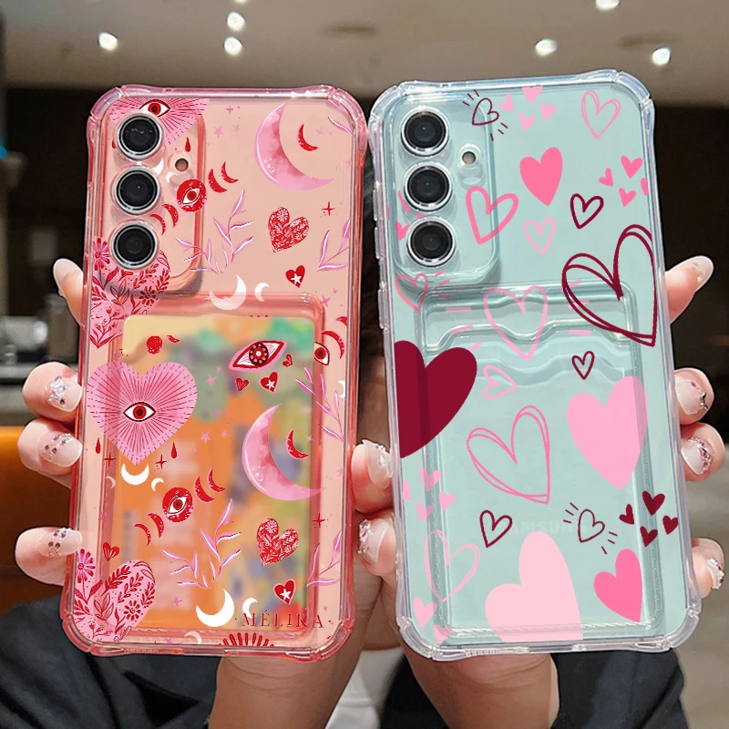Pink Love Heart Leaves Print Clear Phone Case with Card Bag Wallet Cover