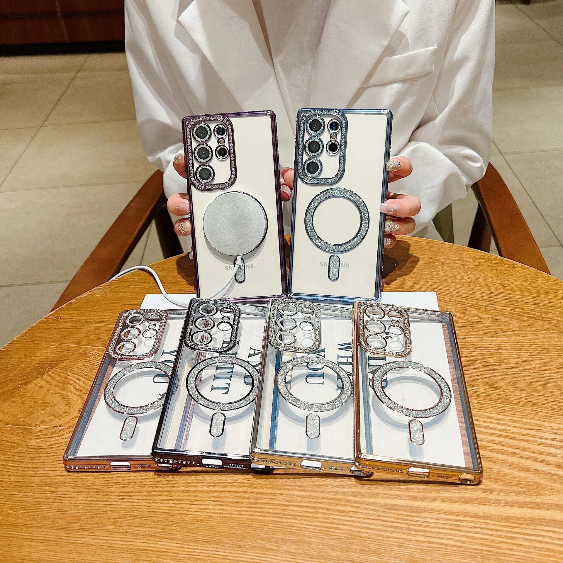 Transparent Magnetic Phone Case with Electroplating TPU and Rhinestone Design - 5G Protective Cover