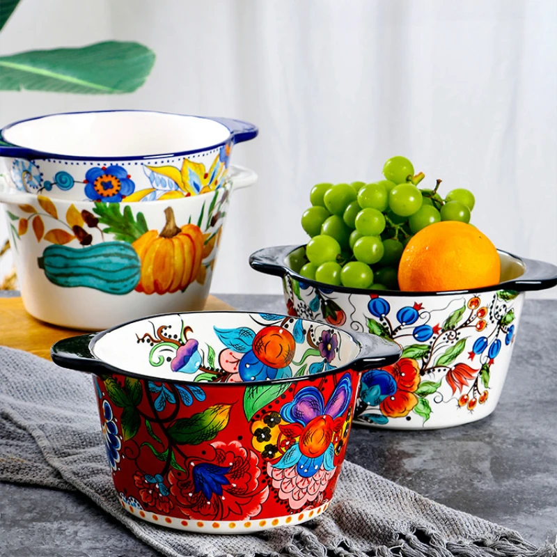 LightLuxuryRetroCeramicDoubleearBowlsHandpaintedHousehold