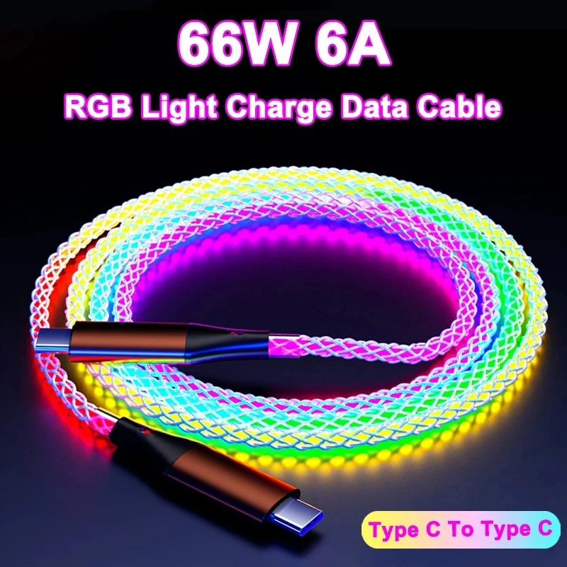 

PD 66W 6A RGB Light Type C to Type C Fast Charging Data Cable For Samsung Huawei Xiaomi OPPO All Phone USB Charge Cord