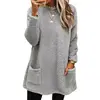 Autumn Winter O Neck Pullover Plush Hoodie Women Daily Commuter Casual Double Pockets Splice Hem Sweatshirt Female Long Warm Top 1