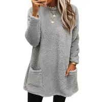 Autumn Winter O Neck Pullover Plush Hoodie Women Daily Commuter Casual Double Pockets Splice Hem Sweatshirt Female Long Warm Top 1