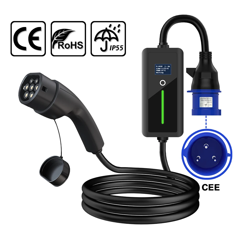 Caricabatteria Portatile Ev Per Auto Elettrica 32A 7Kw Cavo Di Ricarica Evse Tipo 2 Controller Spina Cee Wallbox Ricarica Ritardata