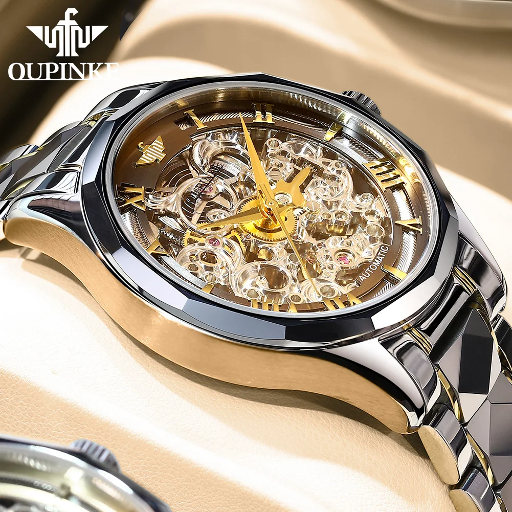 

OUPINKE Watches for Men Skeleton Automatic Mechanical Watch Self Winding Sapphire Crystal Luxury Dress Tungsten Steel Waterproof